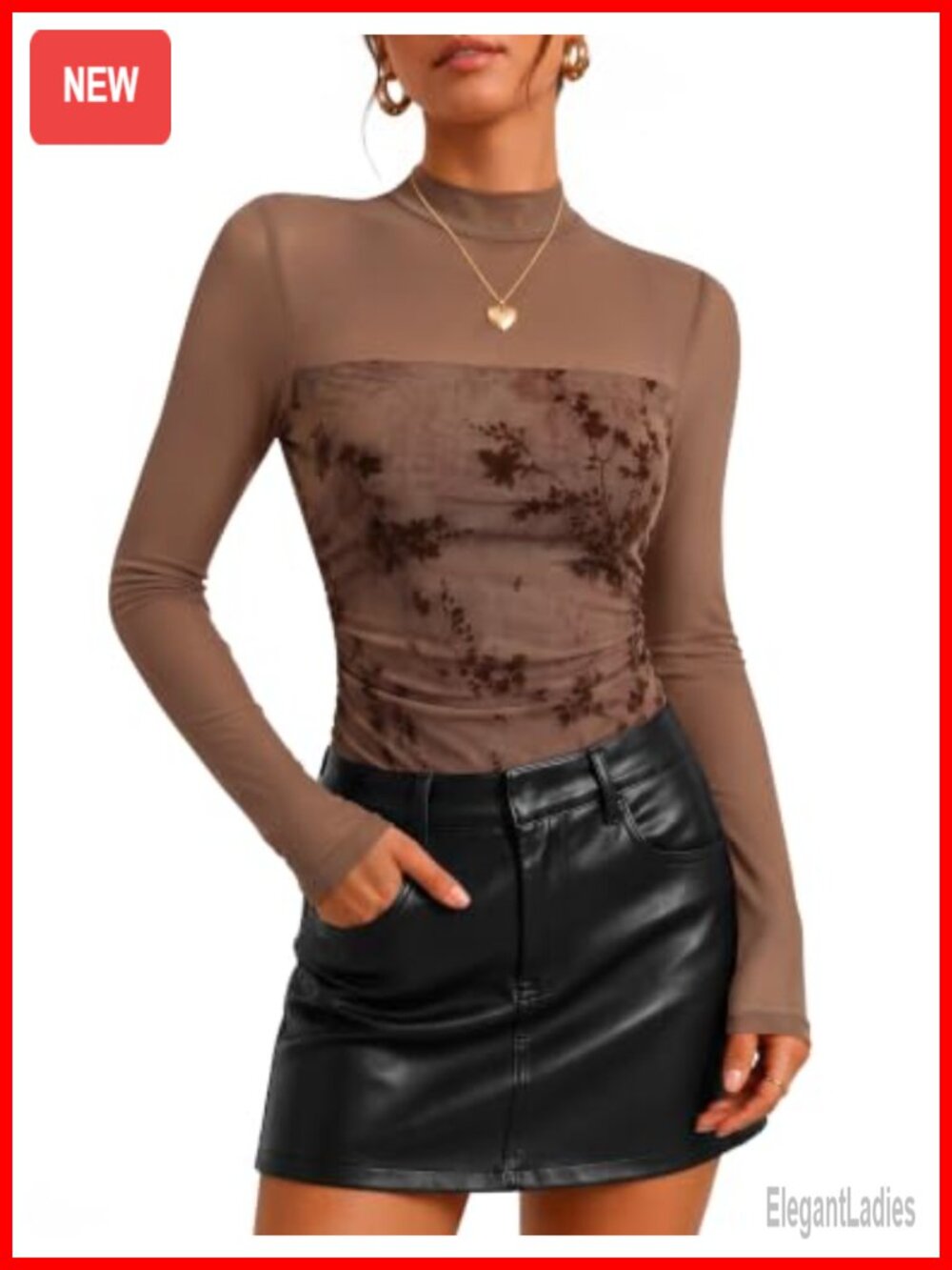 ZESICA Women's Floral Sheer Mesh Turtleneck Ruched Long Sleeve Top